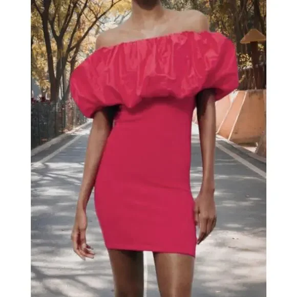 ZARA Hot Pink Off The Shoulder Mini Dress S NWT Party Cocktail Weddiing Guest - Picture 1 of 6